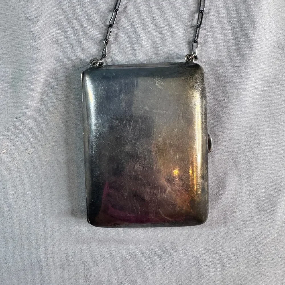 Antique Sterling Silver 757 Dance Compact Finger Chain Engraved Monogram Vanity